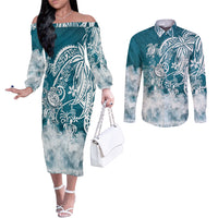 Polynesian Sea Turtle Couples Matching Off The Shoulder Long Sleeve Dress and Long Sleeve Button Shirts Tribal LT6 Blue - Polynesian Pride