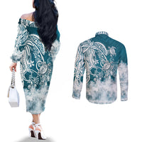 Polynesian Sea Turtle Couples Matching Off The Shoulder Long Sleeve Dress and Long Sleeve Button Shirts Tribal LT6 - Polynesian Pride