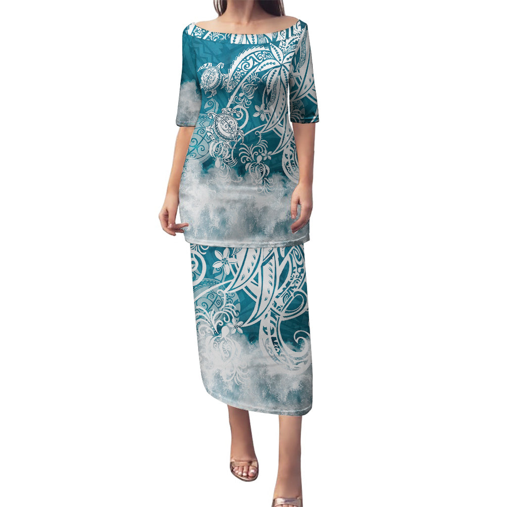 Polynesian Sea Turtle Puletasi Tribal LT6 Long Dress Blue - Polynesian Pride
