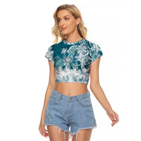 Polynesian Sea Turtle Raglan Cropped T Shirt Tribal LT6 Female Blue - Polynesian Pride