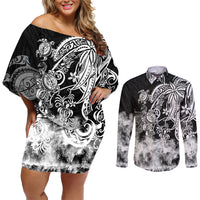 Polynesian Sea Turtle Couples Matching Off Shoulder Short Dress and Long Sleeve Button Shirts Tribal Black LT6 Black - Polynesian Pride