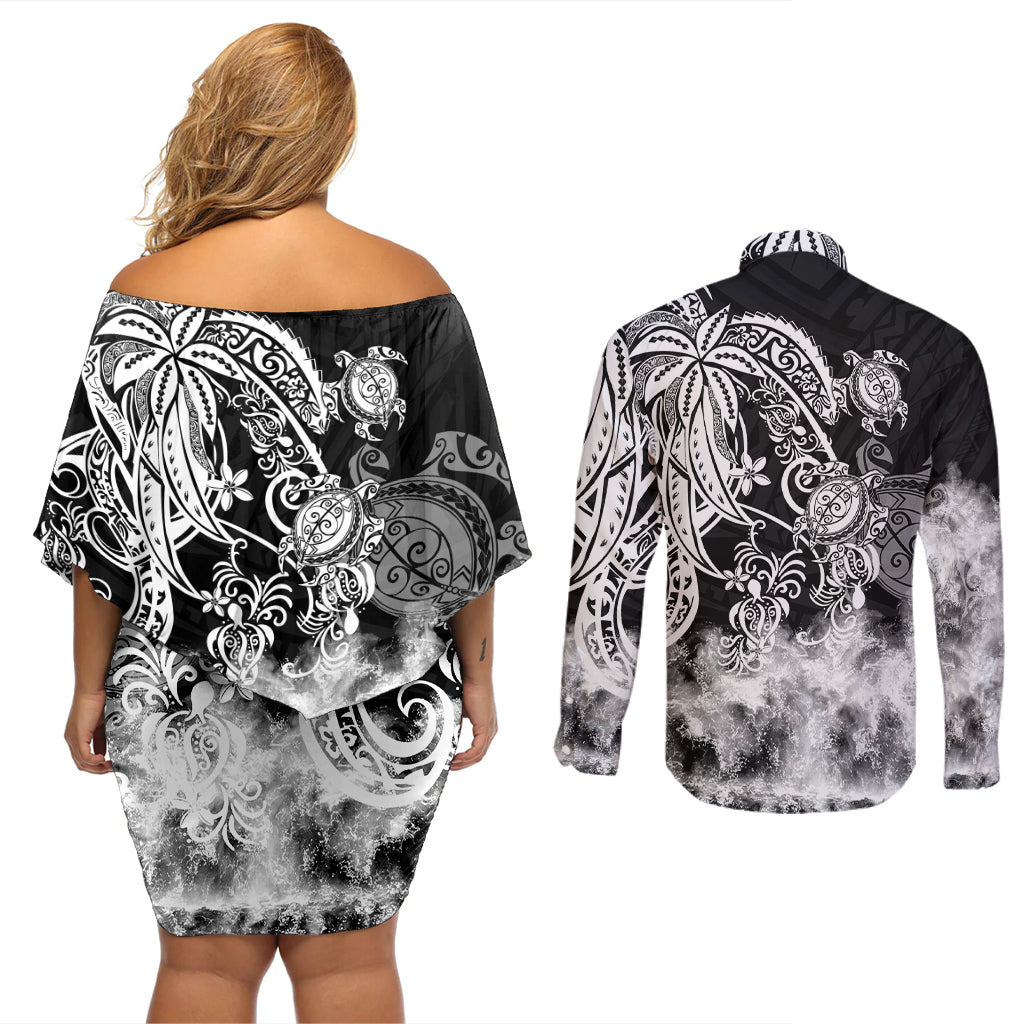 Polynesian Sea Turtle Couples Matching Off Shoulder Short Dress and Long Sleeve Button Shirts Tribal Black LT6 - Polynesian Pride