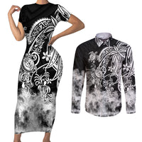 Polynesian Sea Turtle Couples Matching Short Sleeve Bodycon Dress and Long Sleeve Button Shirts Tribal Black LT6 Black - Polynesian Pride