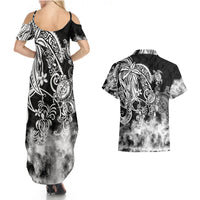 Polynesian Sea Turtle Couples Matching Summer Maxi Dress and Hawaiian Shirt Tribal Black LT6 - Polynesian Pride