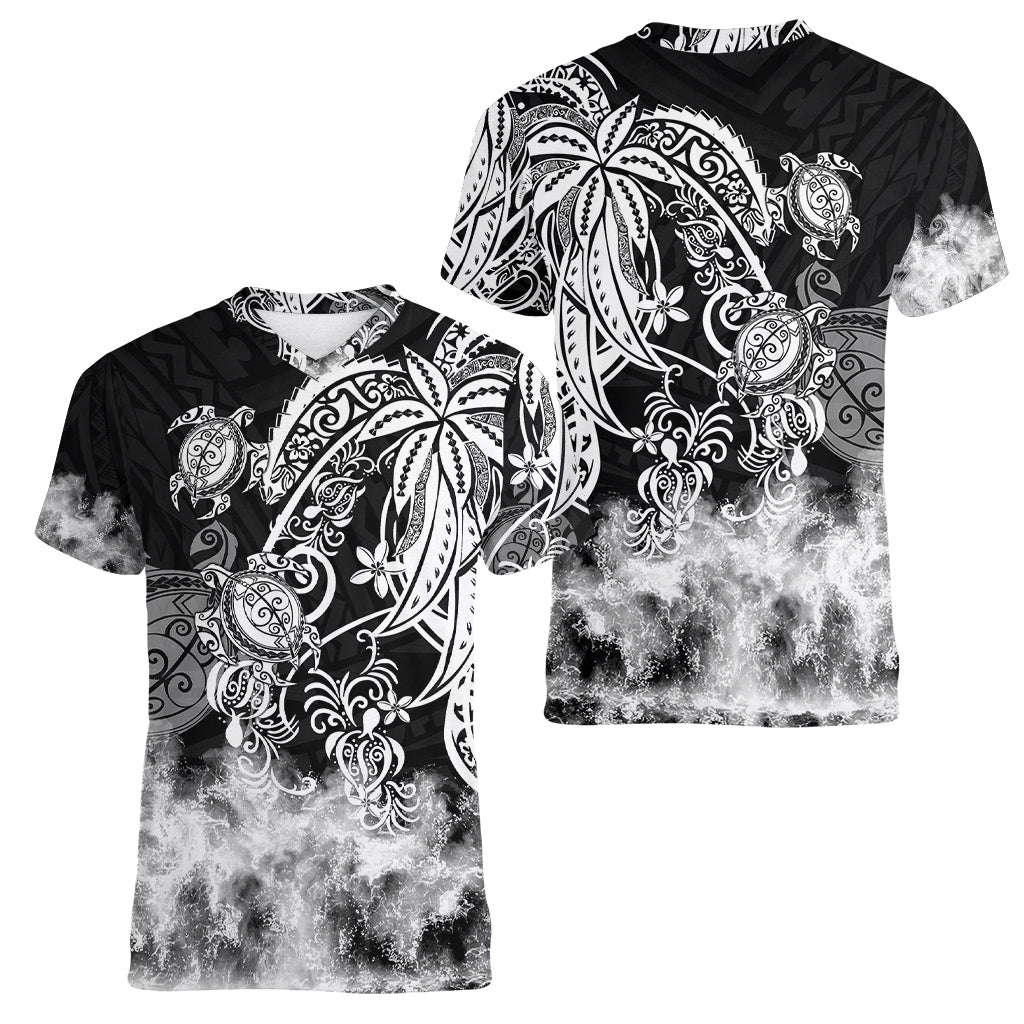 Polynesian Sea Turtle Women V Neck T Shirt Tribal Black LT6 - Polynesian Pride