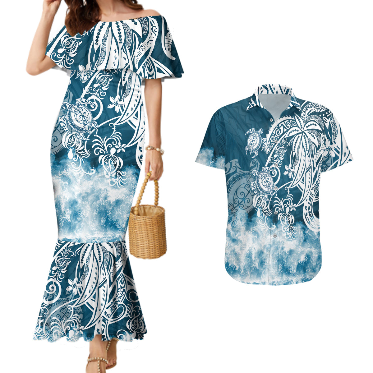 Polynesian Sea Turtle Couples Matching Mermaid Dress And Hawaiian Shirt Tribal Blue LT6 Blue - Polynesian Pride