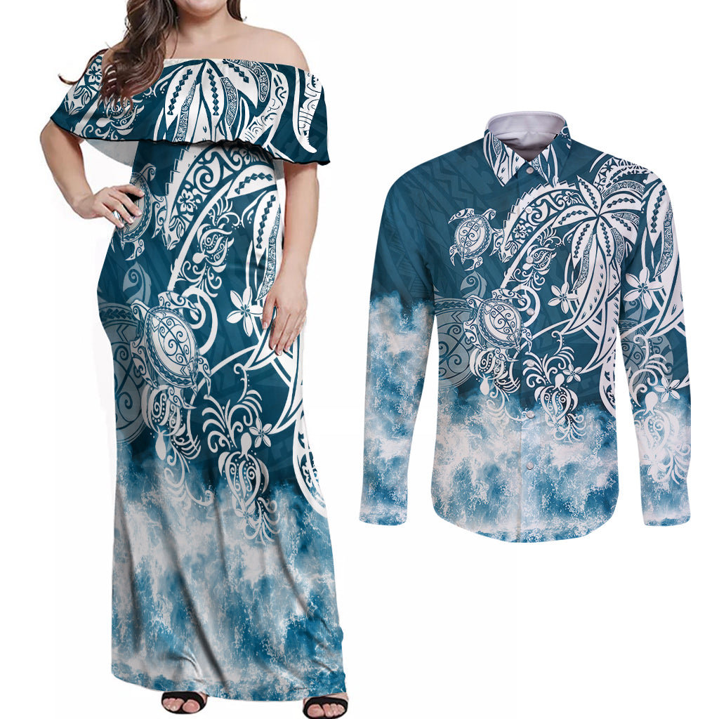 Polynesian Sea Turtle Couples Matching Off Shoulder Maxi Dress and Long Sleeve Button Shirts Tribal Blue LT6 Blue - Polynesian Pride