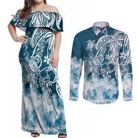 Polynesian Sea Turtle Couples Matching Off Shoulder Maxi Dress and Long Sleeve Button Shirts Tribal Blue LT6 Blue - Polynesian Pride