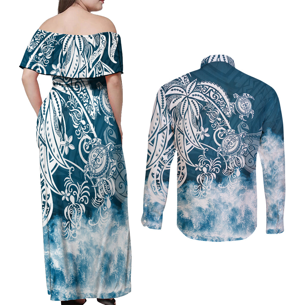 Polynesian Sea Turtle Couples Matching Off Shoulder Maxi Dress and Long Sleeve Button Shirts Tribal Blue LT6 - Polynesian Pride