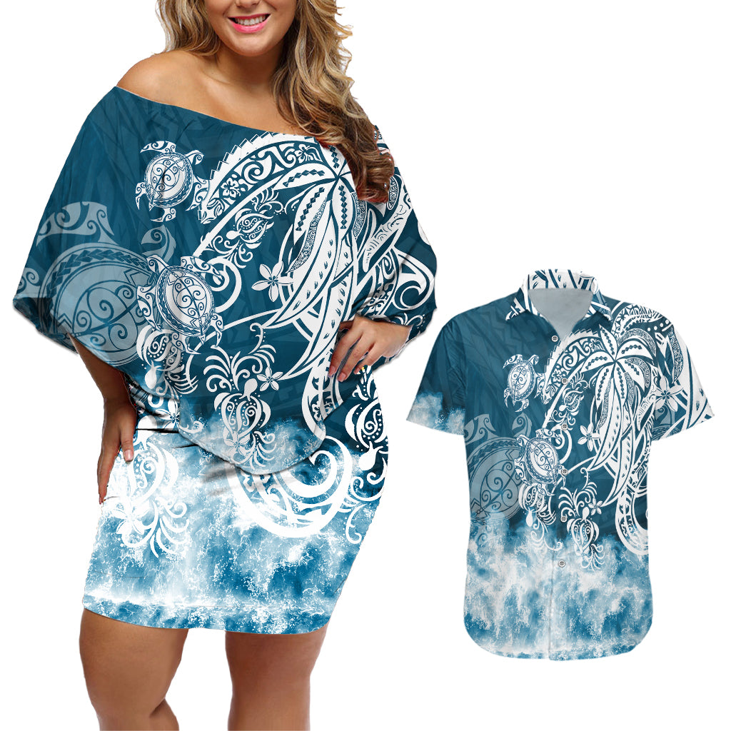 Polynesian Sea Turtle Couples Matching Off Shoulder Short Dress and Hawaiian Shirt Tribal Blue LT6 Blue - Polynesian Pride