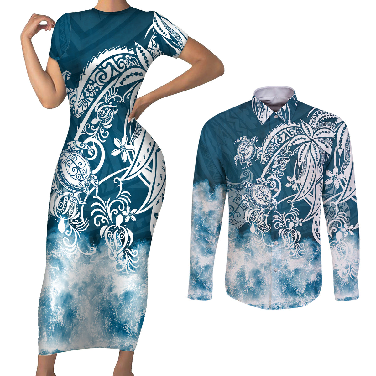 Polynesian Sea Turtle Couples Matching Short Sleeve Bodycon Dress and Long Sleeve Button Shirts Tribal Blue LT6 Blue - Polynesian Pride