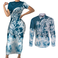 Polynesian Sea Turtle Couples Matching Short Sleeve Bodycon Dress and Long Sleeve Button Shirts Tribal Blue LT6 Blue - Polynesian Pride