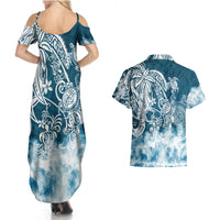 Polynesian Sea Turtle Couples Matching Summer Maxi Dress and Hawaiian Shirt Tribal Blue LT6 - Polynesian Pride
