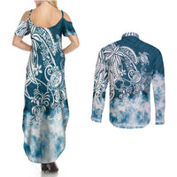 Polynesian Sea Turtle Couples Matching Summer Maxi Dress and Long Sleeve Button Shirts Tribal Blue LT6 - Polynesian Pride