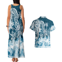 Polynesian Sea Turtle Couples Matching Tank Maxi Dress And Hawaiian Shirt Tribal Blue LT6 - Polynesian Pride