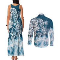 Polynesian Sea Turtle Couples Matching Tank Maxi Dress and Long Sleeve Button Shirts Tribal Blue LT6 - Polynesian Pride