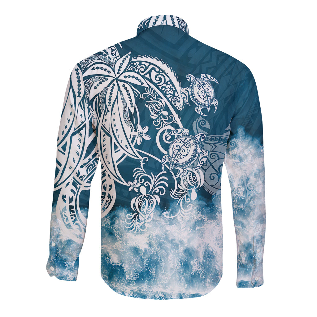 Polynesian Sea Turtle Long Sleeve Button Shirt Tribal Blue LT6 - Polynesian Pride