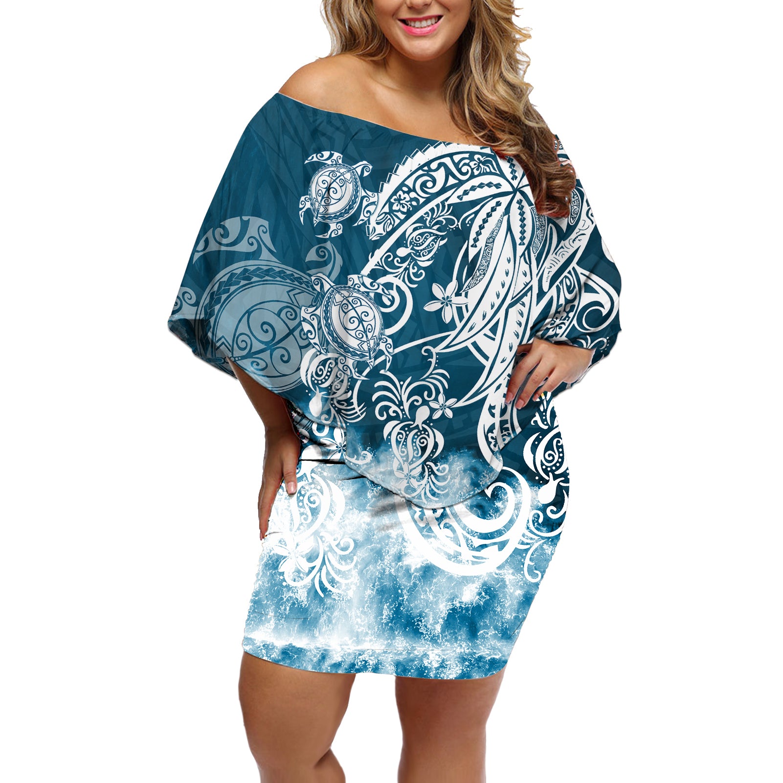 Polynesian Sea Turtle Off Shoulder Short Dress Tribal Blue LT6 Women Blue - Polynesian Pride