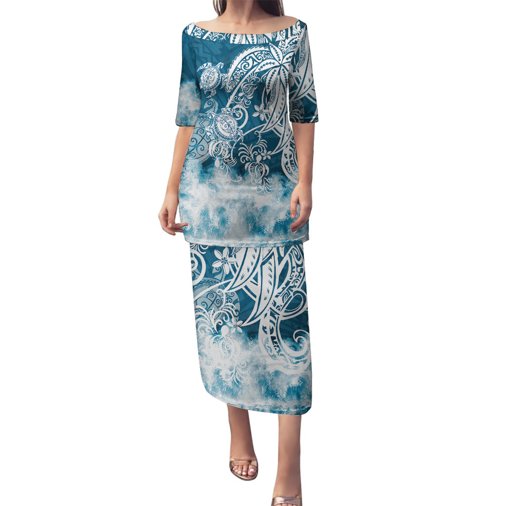 Polynesian Sea Turtle Puletasi Tribal Blue LT6 Long Dress Blue - Polynesian Pride