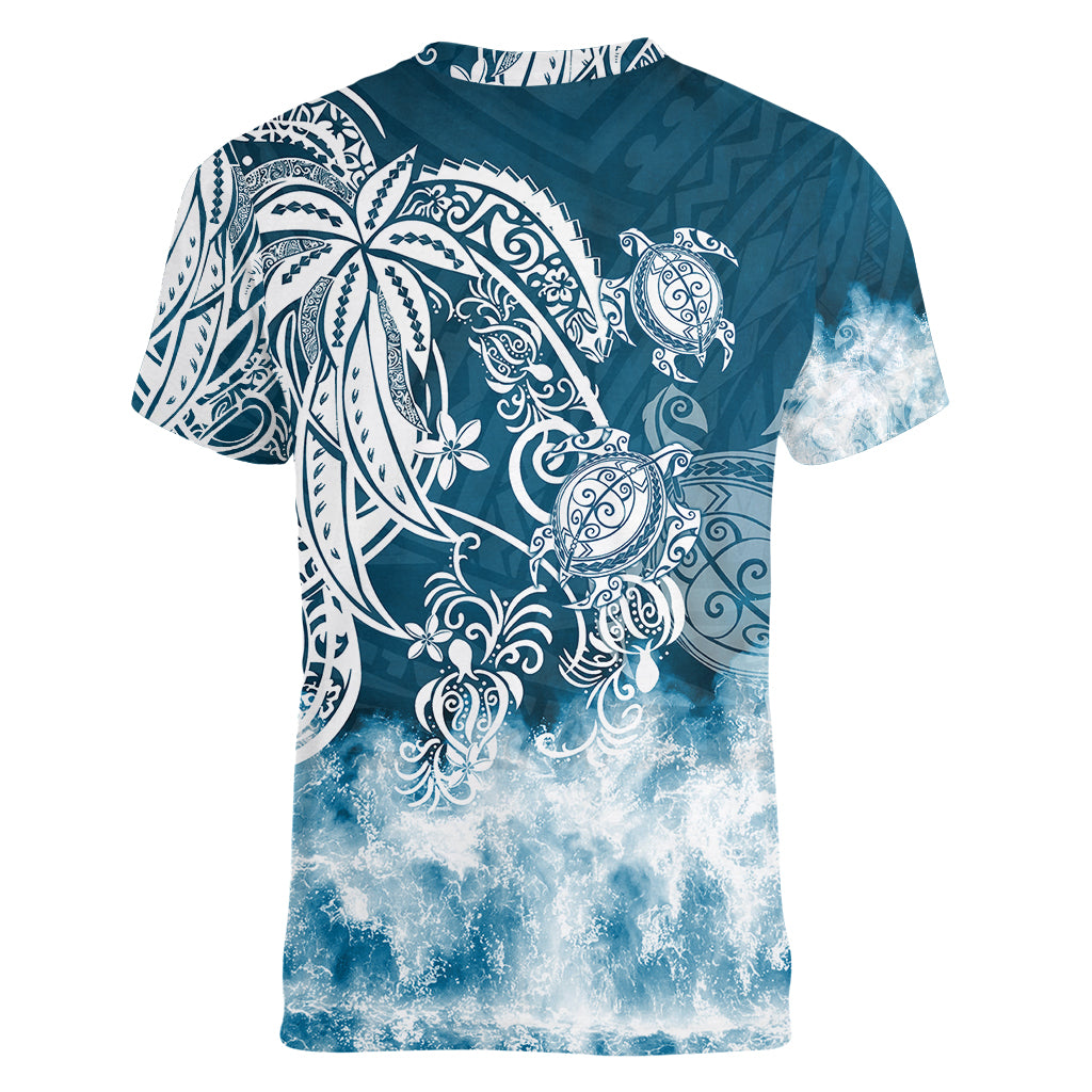 Polynesian Sea Turtle Women V Neck T Shirt Tribal Blue LT6 - Polynesian Pride