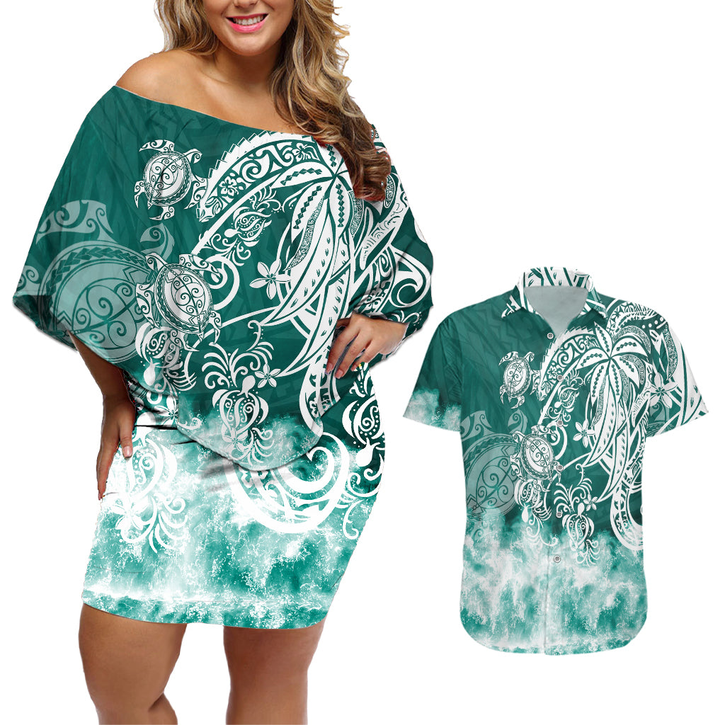 Polynesian Sea Turtle Couples Matching Off Shoulder Short Dress and Hawaiian Shirt Tribal Green LT6 Green - Polynesian Pride