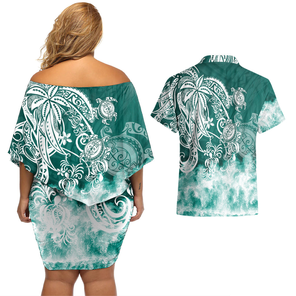 Polynesian Sea Turtle Couples Matching Off Shoulder Short Dress and Hawaiian Shirt Tribal Green LT6 - Polynesian Pride