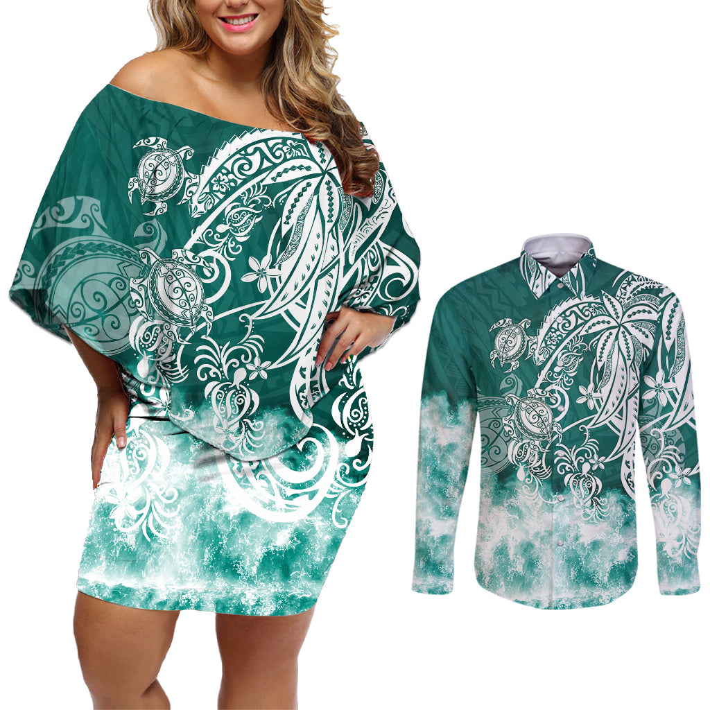Polynesian Sea Turtle Couples Matching Off Shoulder Short Dress and Long Sleeve Button Shirts Tribal Green LT6 Green - Polynesian Pride