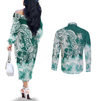 Polynesian Sea Turtle Couples Matching Off The Shoulder Long Sleeve Dress and Long Sleeve Button Shirts Tribal Green LT6 - Polynesian Pride