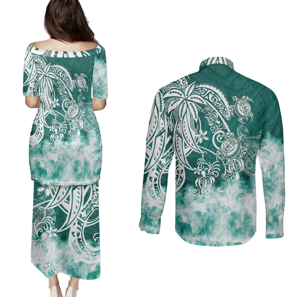 Polynesian Sea Turtle Couples Matching Puletasi Dress and Long Sleeve Button Shirts Tribal Green LT6 - Polynesian Pride