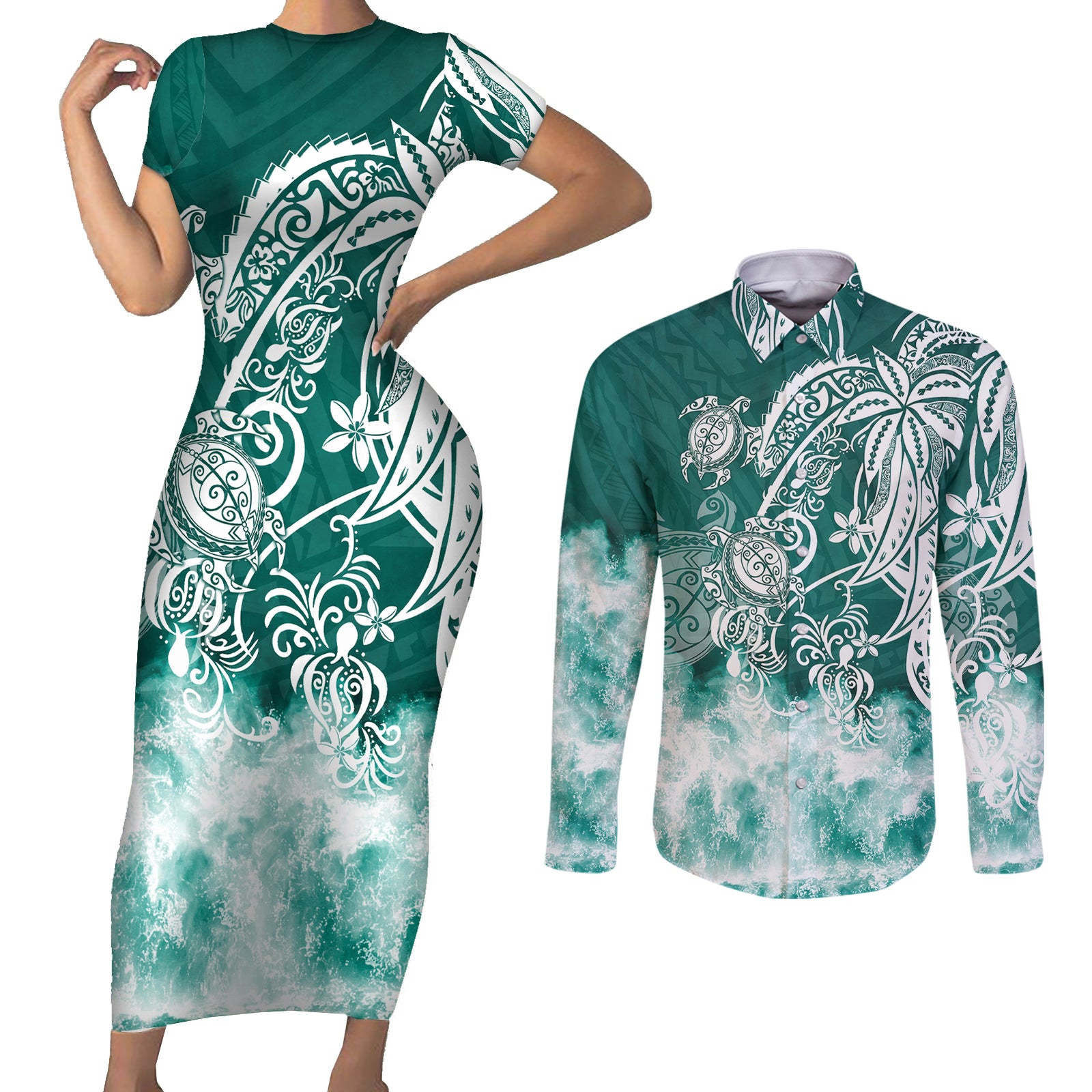 Polynesian Sea Turtle Couples Matching Short Sleeve Bodycon Dress and Long Sleeve Button Shirts Tribal Green LT6 Green - Polynesian Pride