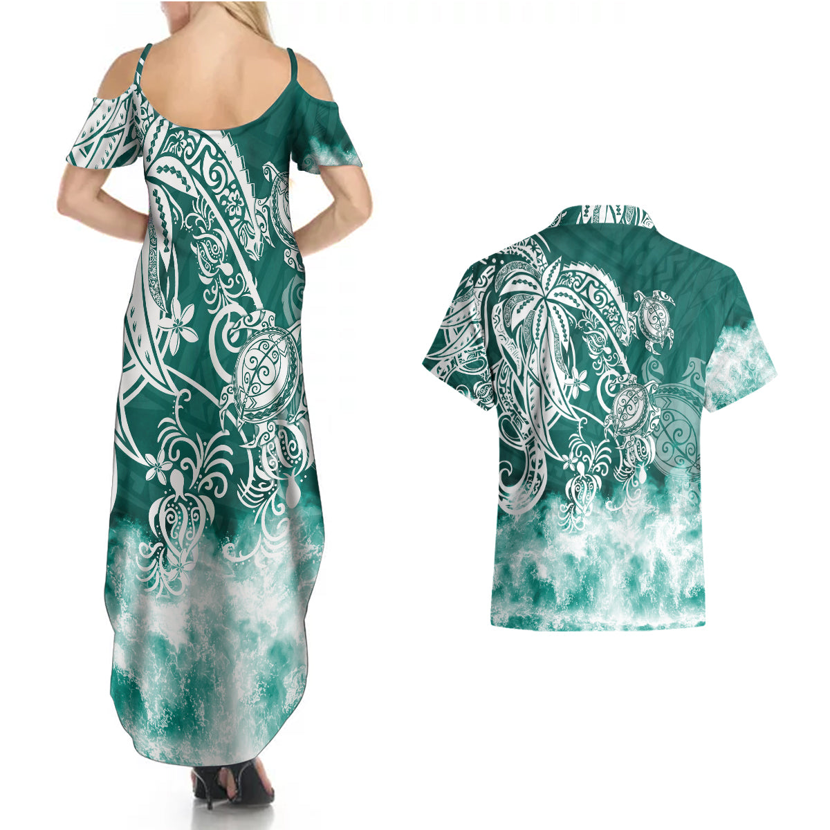 Polynesian Sea Turtle Couples Matching Summer Maxi Dress and Hawaiian Shirt Tribal Green LT6 - Polynesian Pride