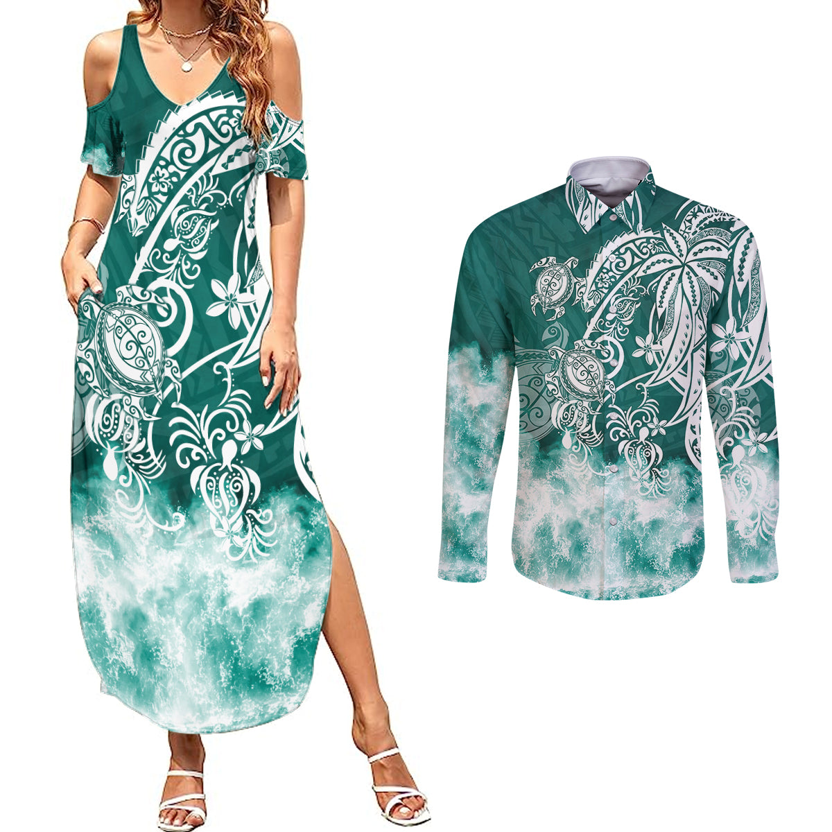 Polynesian Sea Turtle Couples Matching Summer Maxi Dress and Long Sleeve Button Shirts Tribal Green LT6 Green - Polynesian Pride