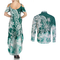 Polynesian Sea Turtle Couples Matching Summer Maxi Dress and Long Sleeve Button Shirts Tribal Green LT6 - Polynesian Pride