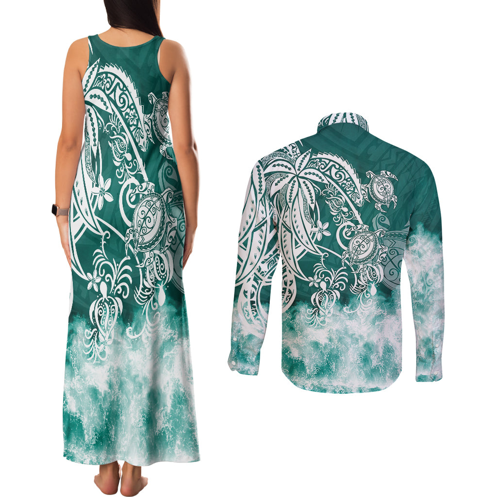 Polynesian Sea Turtle Couples Matching Tank Maxi Dress and Long Sleeve Button Shirts Tribal Green LT6 - Polynesian Pride