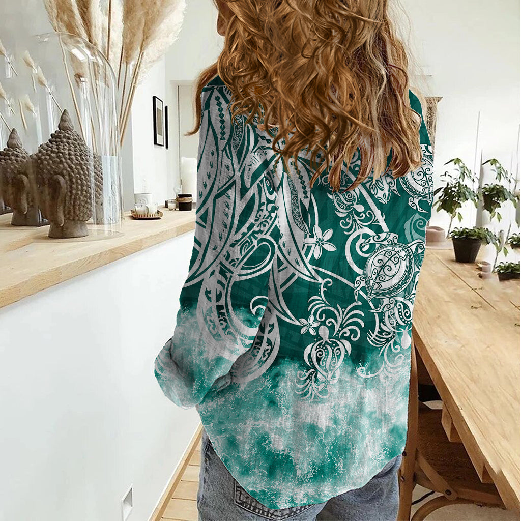 Polynesian Sea Turtle Women Casual Shirt Tribal Green LT6 - Polynesian Pride