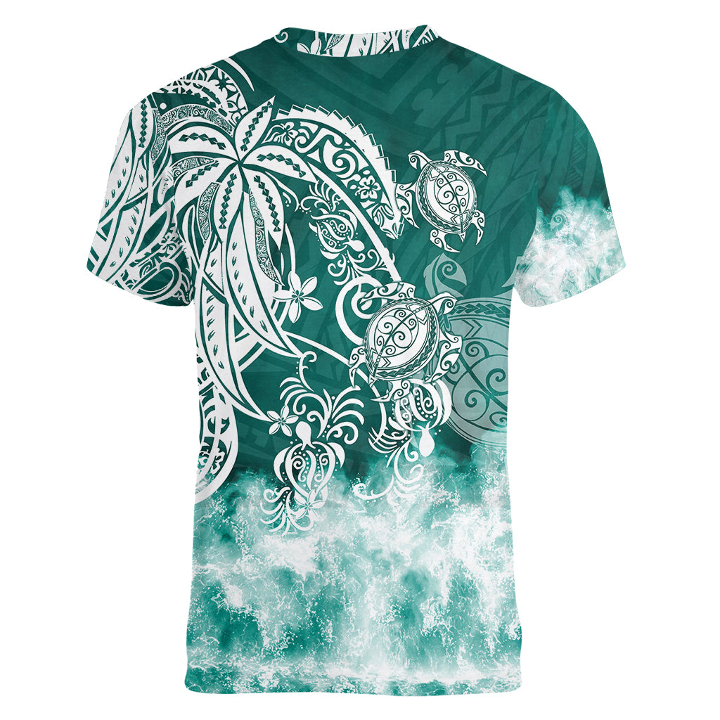 Polynesian Sea Turtle Women V Neck T Shirt Tribal Green LT6 - Polynesian Pride