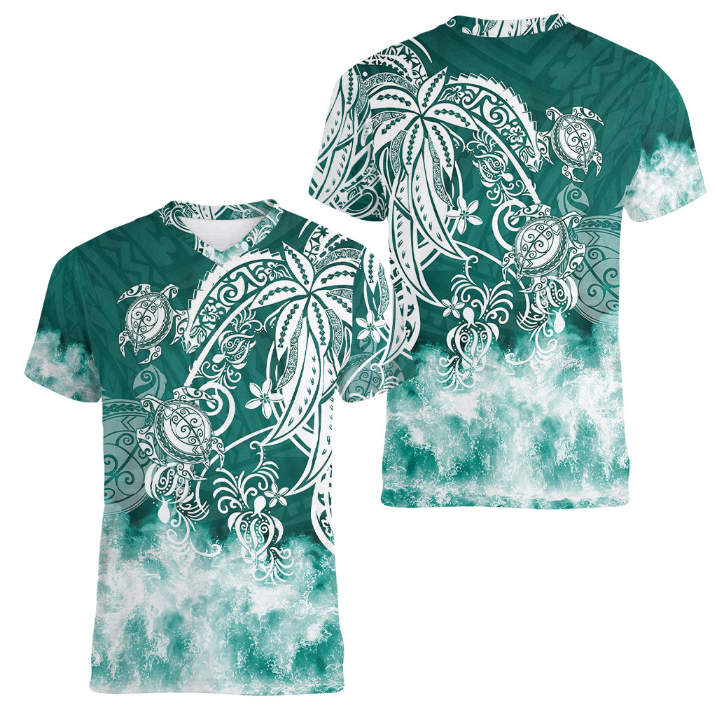 Polynesian Sea Turtle Women V Neck T Shirt Tribal Green LT6 - Polynesian Pride