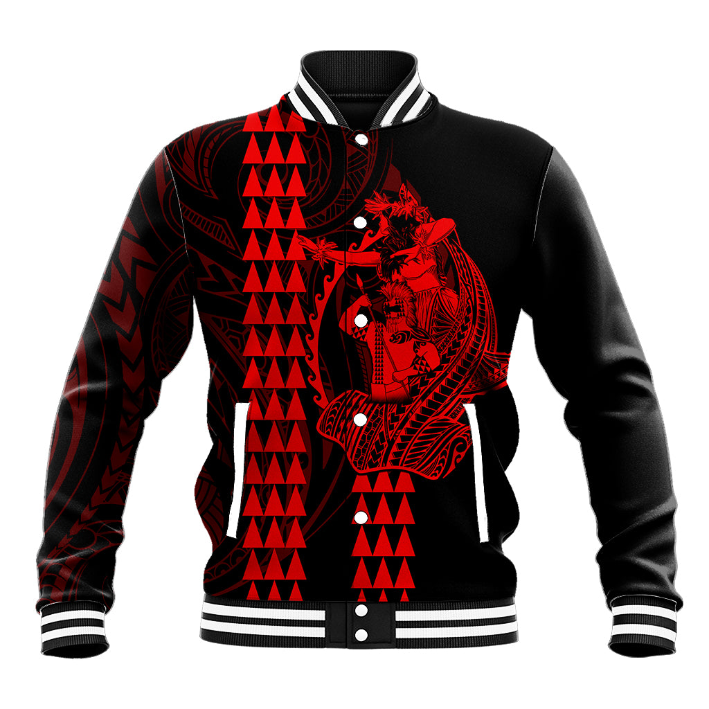Polynesian Baseball Jacket Hawaiian Warrior and Aloha Girl With Hammerhead Shark Tattoos Red LT6 Unisex Red - Polynesian Pride