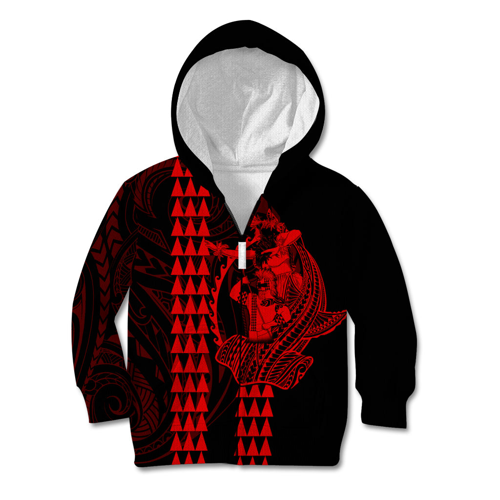 Polynesian Kid Hoodie Hawaiian Warrior and Aloha Girl With Hammerhead Shark Tattoos Red LT6 Zip Hoodie Red - Polynesian Pride