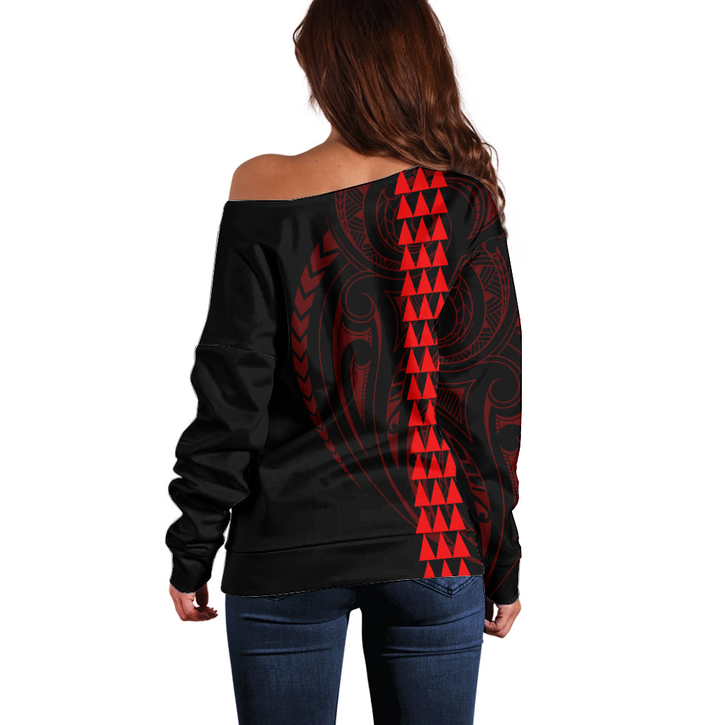 Polynesian Off Shoulder Sweater Hawaiian Warrior and Aloha Girl With Hammerhead Shark Tattoos Red LT6 - Polynesian Pride