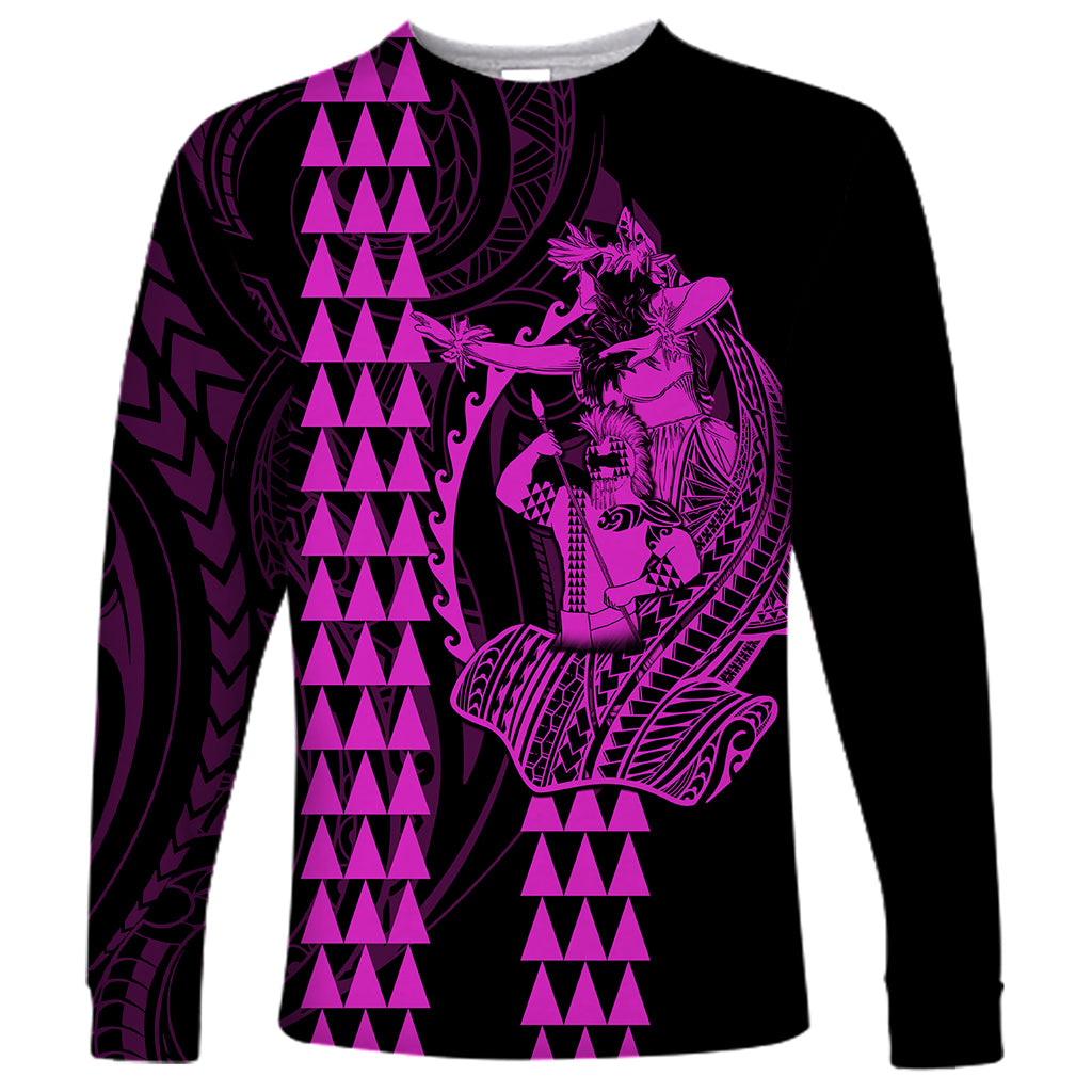 Polynesian Long Sleeve Shirt Hawaiian Warrior and Aloha Girl With Hammerhead Shark Tattoos Purple LT6 Unisex Purple - Polynesian Pride