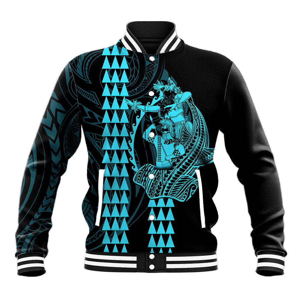 Polynesian Baseball Jacket Hawaiian Warrior and Aloha Girl With Hammerhead Shark Tattoos Light Blue LT6 Unisex Blue - Polynesian Pride