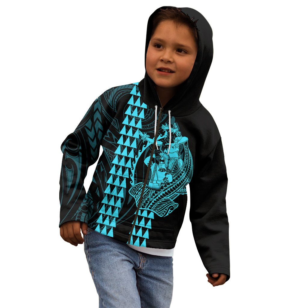 Polynesian Kid Hoodie Hawaiian Warrior and Aloha Girl With Hammerhead Shark Tattoos Light Blue LT6 - Polynesian Pride
