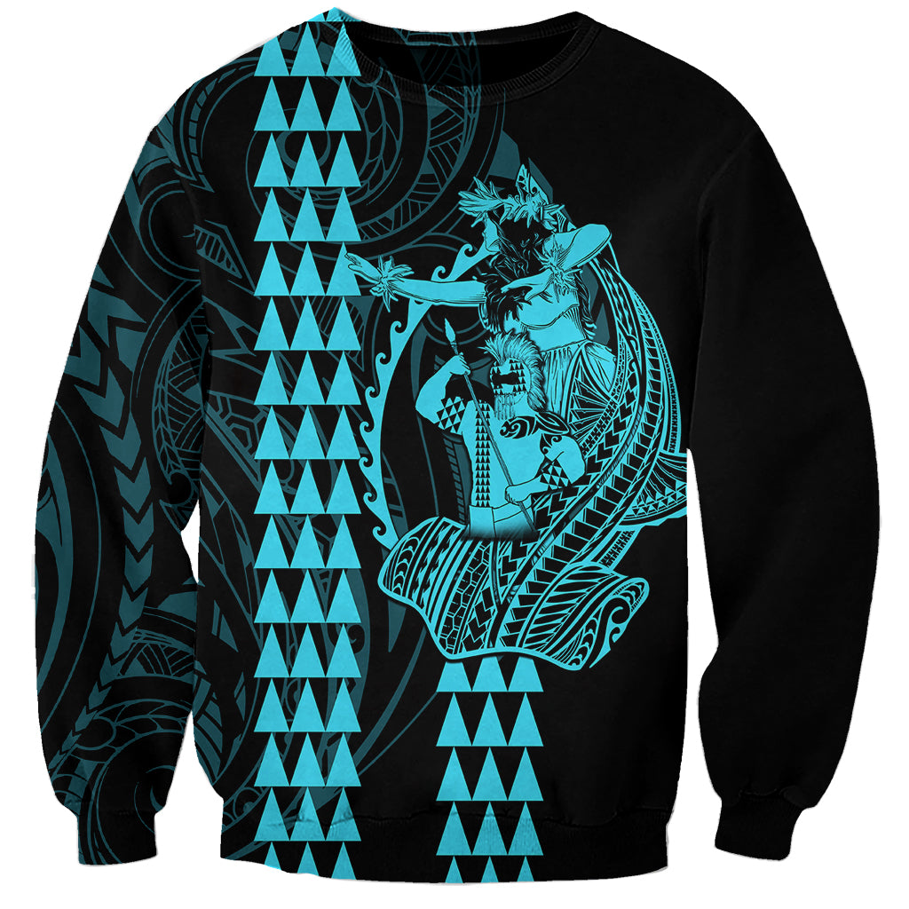 Polynesian Sweatshirt Hawaiian Warrior and Aloha Girl With Hammerhead Shark Tattoos Light Blue LT6 Unisex Blue - Polynesian Pride