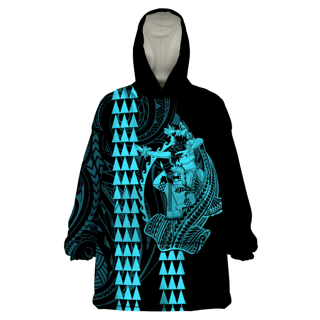 Polynesian Wearable Blanket Hoodie Hawaiian Warrior and Aloha Girl With Hammerhead Shark Tattoos Light Blue LT6 One Size Blue - Polynesian Pride