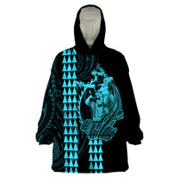 Polynesian Wearable Blanket Hoodie Hawaiian Warrior and Aloha Girl With Hammerhead Shark Tattoos Light Blue LT6 One Size Blue - Polynesian Pride