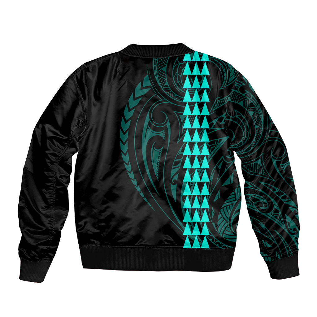 Polynesian Bomber Jacket Hawaiian Warrior and Aloha Girl With Hammerhead Shark Tattoos Turquoise LT6 - Polynesian Pride