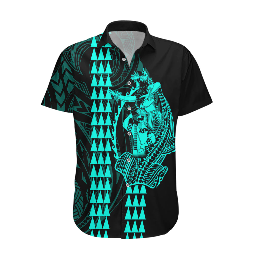 Polynesian Hawaiian Shirt Hawaiian Warrior and Aloha Girl With Hammerhead Shark Tattoos Turquoise LT6 Green - Polynesian Pride