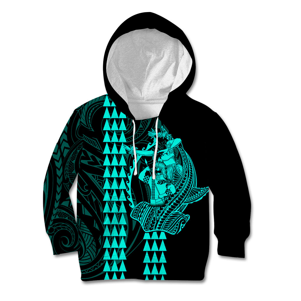 Polynesian Kid Hoodie Hawaiian Warrior and Aloha Girl With Hammerhead Shark Tattoos Turquoise LT6 Hoodie Green - Polynesian Pride