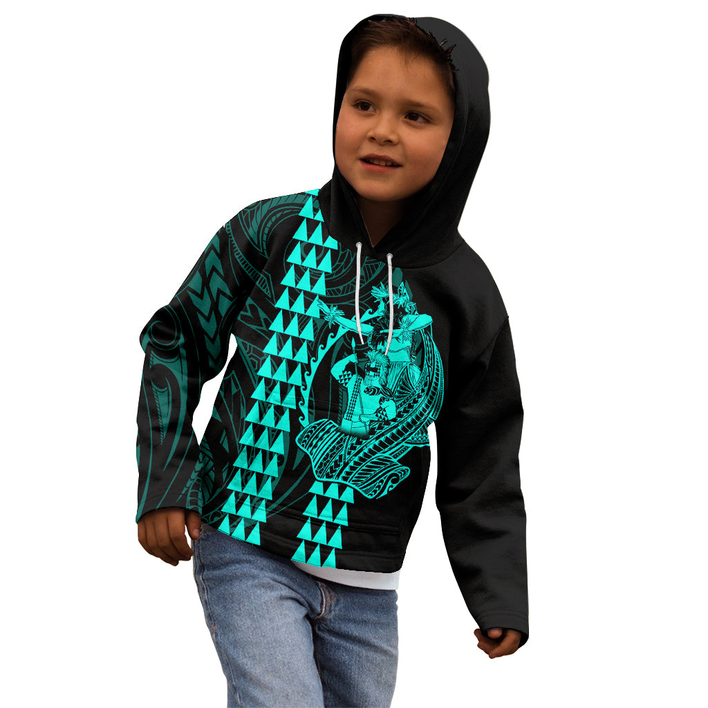Polynesian Kid Hoodie Hawaiian Warrior and Aloha Girl With Hammerhead Shark Tattoos Turquoise LT6 - Polynesian Pride